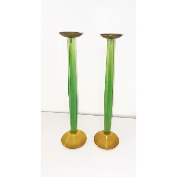 MCM Vintage Green and Yellow Tall Candlestick Holders Brushed Acrylic - Picture 1 of 10